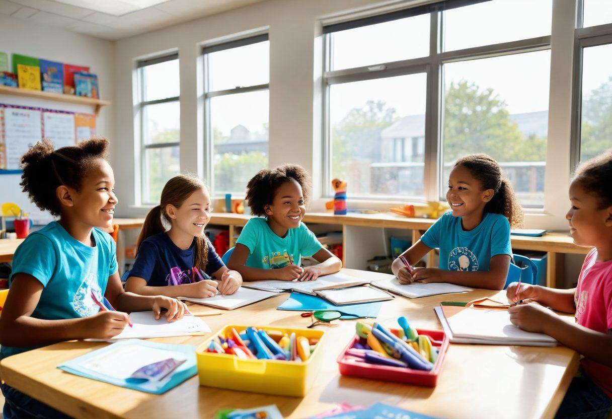 A vibrant classroom filled with diverse, smiling children engaged in playful learning activities using Razkid's creative tools. Brightly colored educational materials scattered around, emphasizing collaboration and creativity. Sunlight streaming in through large windows creating a cheerful atmosphere. Include elements like books, tablets, and art supplies to reflect modern learning. super-realistic. vibrant colors. white background.
