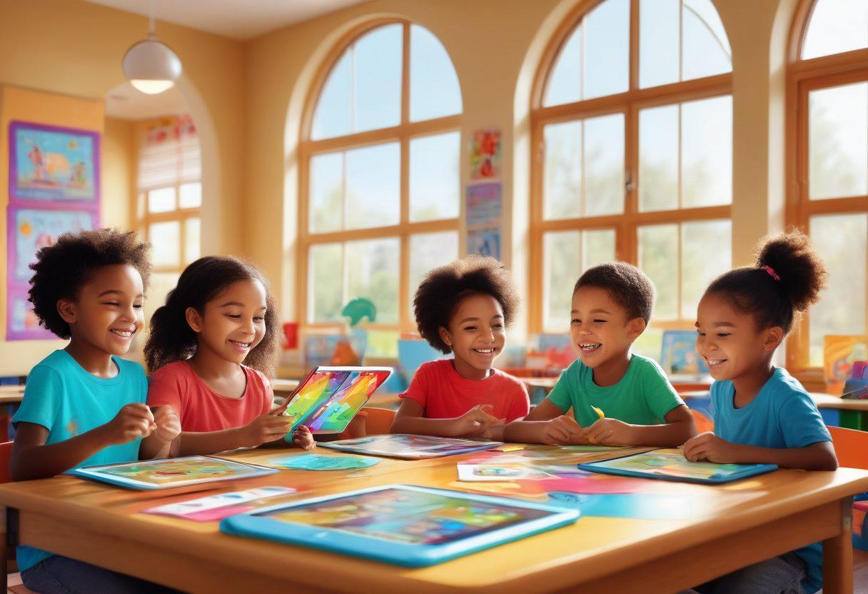 A vibrant and colorful classroom scene filled with children joyfully engaging with Razkid's interactive digital platform. The classroom is decorated with cheerful posters and educational tools. Kids of diverse backgrounds are smiling and collaborating on tablets, while a friendly teacher guides them. Bright sunlight streams through the windows, creating a warm, inviting atmosphere. cartoon style. vibrant colors. cheerful theme.