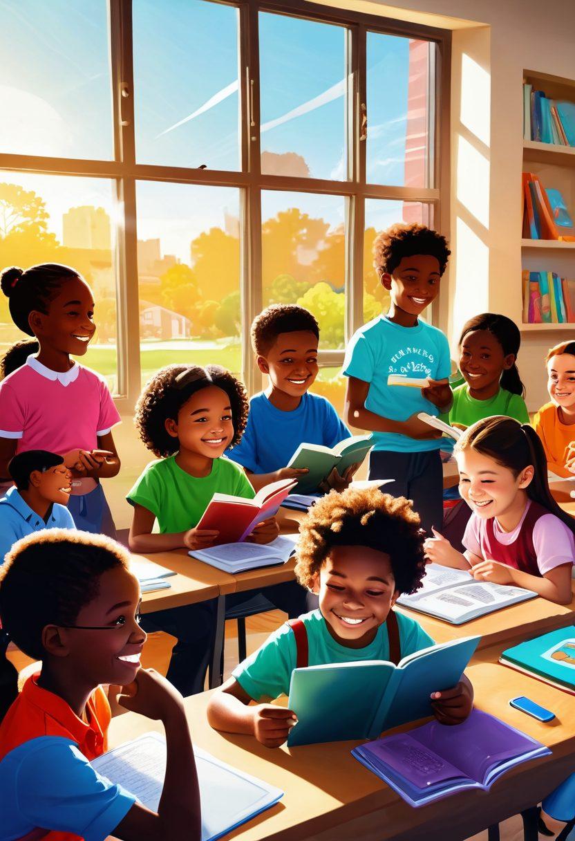 A joyful classroom scene filled with colorful digital devices and animated learning materials, with kids of diverse backgrounds interacting and smiling while using Razkid. Bright illustrations of books and playful graphics showcasing engaging educational content surround them. Sunlight streams through the windows, casting a warm glow over the scene. The atmosphere is lively and fun, inviting adventure in learning. vibrant colors. playful cartoon style.